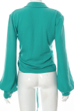 Green Sexy Solid Draw String Turndown Collar Tops