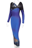 Blue Sexy Print Backless Square Collar Pencil Skirt Dresses