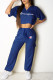 Blue Fashion Sportswear Letter Patchwork Short Sleeve Two Pieces