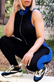 Black Casual Sportswear Solid Patchwork Zipper Collar Skinny Jumpsuits