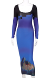 Blue Sexy Print Backless Square Collar Pencil Skirt Dresses