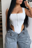 White Sexy Solid Patchwork Zipper Square Collar Regular Bodysuits