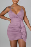 Coffee Sexy Solid Patchwork Flounce Spaghetti Strap Sling Dress Dresses
