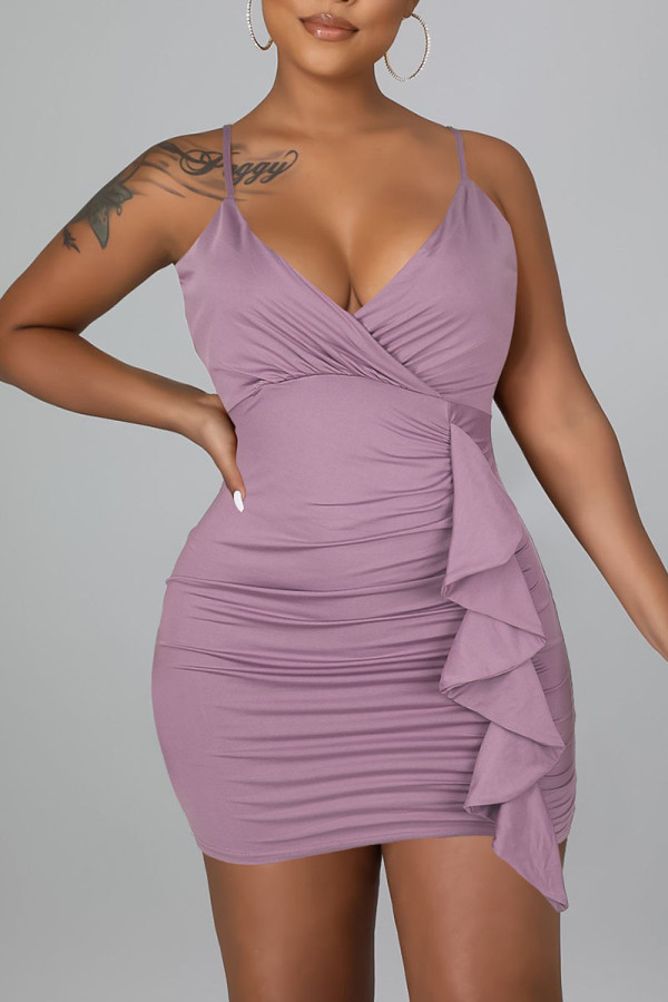 Pink Purple Sexy Solid Patchwork Flounce Spaghetti Strap Sling Dress Dresses