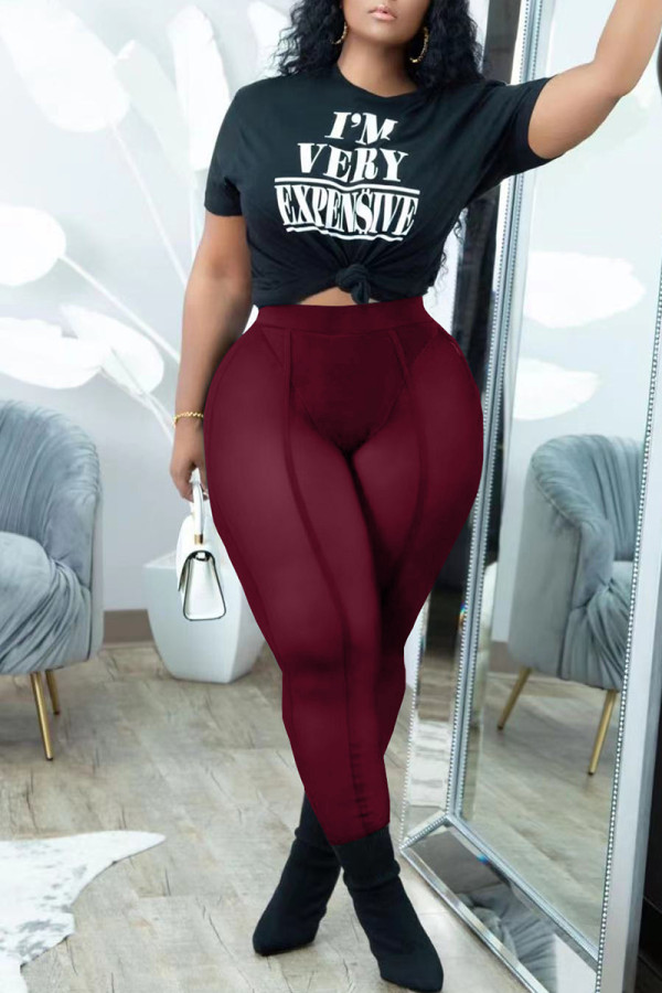Burgundy Fashion Casual Letter Print See-through Pants O Neck Short Sleeve Two Pieces