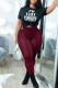 Burgundy Fashion Casual Letter Print See-through Pants O Neck Short Sleeve Two Pieces