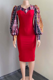 Red Fashion Casual Print Patchwork Slit O Neck Long Sleeve Dresses