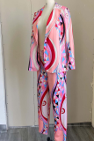 Pink Casual Print Patchwork Turndown Collar Long Sleeve Two Pieces