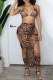 Coffee Sexy Print Hollowed Out Split Joint See-through Halter Sleeveless Two Pieces