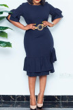 Red Fashion Casual Solid Patchwork Flounce With Belt O Neck Dresses