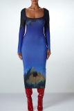 Blue Sexy Print Backless Square Collar Pencil Skirt Dresses