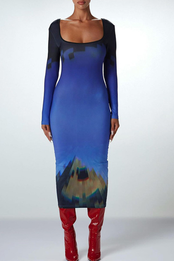 Blue Sexy Print Backless Square Collar Pencil Skirt Dresses