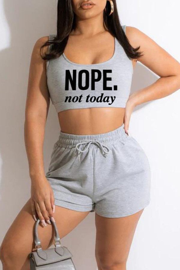 Grey Casual Sportswear Print Patchwork U Neck Sleeveless Two Pieces