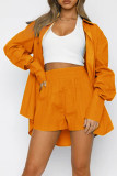 Yellow Casual Solid Split Joint Buckle Turndown Collar Long Sleeve Two Pieces