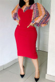Red Fashion Casual Print Patchwork Slit O Neck Long Sleeve Dresses
