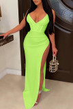Fluorescent Green Sexy Solid Patchwork Slit Spaghetti Strap Sling Dress Dresses