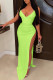Fluorescent Green Sexy Solid Patchwork Slit Spaghetti Strap Sling Dress Dresses