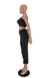 Black Sexy Solid Split Joint One Shoulder Sleeveless Two Pieces