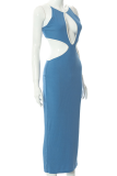 Yellow Sexy Solid Hollowed Out Halter Pencil Skirt Dresses