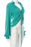 Green Sexy Solid Draw String Turndown Collar Tops