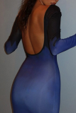 Blue Sexy Print Backless Square Collar Pencil Skirt Dresses
