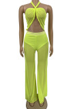 Yellow Sexy Solid Patchwork See-through Swimwears
