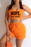 Tangerine Red Casual Sportswear Print Patchwork U Neck Sleeveless Two Pieces