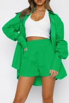 Green Casual Solid Split Joint Buckle Turndown Collar Long Sleeve Two Pieces
