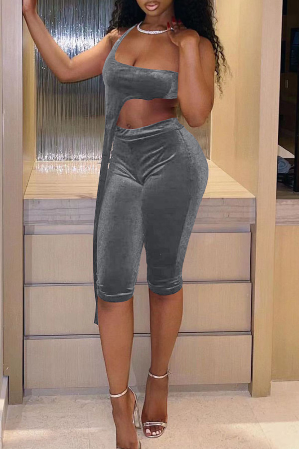 Grey Sexy Solid Patchwork Asymmetrical Zipper Collar Sleeveless Two Pieces