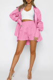 Pink Casual Solid Split Joint Buckle Turndown Collar Long Sleeve Two Pieces