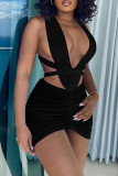 Red Sexy Solid Bandage Hollowed Out Patchwork Fold Asymmetrical Dresses