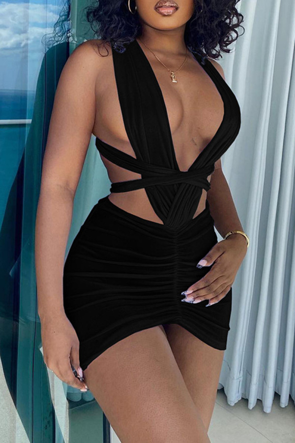 Black Sexy Solid Bandage Hollowed Out Patchwork Fold Asymmetrical Dresses