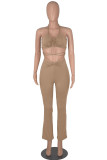 Coffee Sexy Solid Patchwork Frenulum Sleeveless Two Pieces