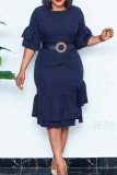 Red Fashion Casual Solid Patchwork Flounce With Belt O Neck Dresses