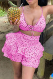 Pink Sexy Print Polka Dot Patchwork Flounce Sleeveless Two Pieces