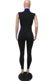 Black Casual Sportswear Solid Patchwork Zipper Collar Skinny Jumpsuits
