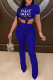 Blue Fashion Casual Letter Print Bandage Fold O Neck Short Sleeve Two Pieces