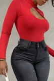 Red Sexy Solid Patchwork Mandarin Collar Skinny Jumpsuits