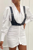 White Casual Street Solid Patchwork Buckle Fold Turndown Collar Shirt Dress Dresses(Contain The Belt)