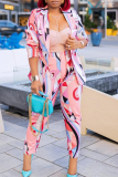 Pink Casual Print Patchwork Turndown Collar Long Sleeve Two Pieces