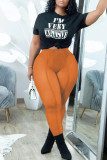 Orange Fashion Casual Letter Print See-through Pants O Neck Short Sleeve Two Pieces
