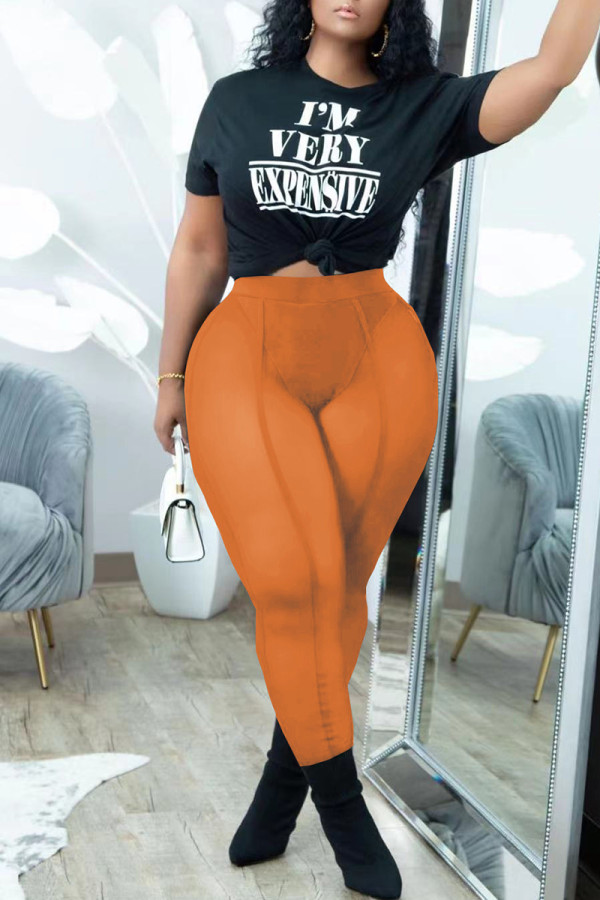 Orange Fashion Casual Letter Print See-through Pants O Neck Short Sleeve Two Pieces