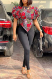 Red Fashion Casual Print Hollowed Out Asymmetrical O Neck Tops