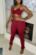 Burgundy Sexy Solid Patchwork Frenulum Sleeveless Two Pieces