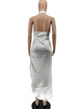 White Elegant Solid Patchwork Backless Slit Halter Straight Dresses
