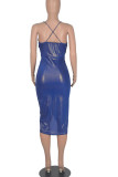 Coffee Sexy Solid Patchwork Fold Asymmetrical Spaghetti Strap Sling Dress Dresses
