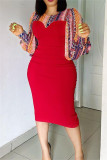 Red Fashion Casual Print Patchwork Slit O Neck Long Sleeve Dresses
