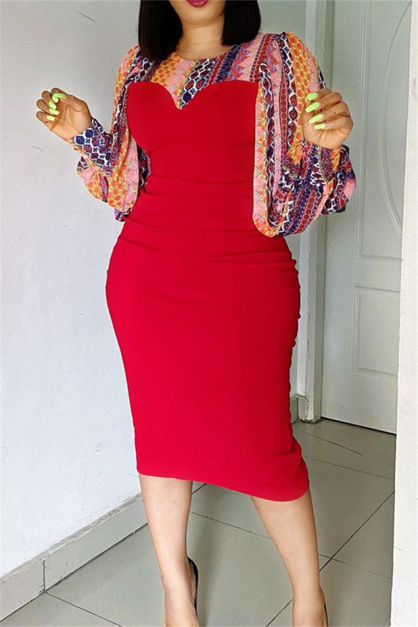 Red Fashion Casual Print Patchwork Slit O Neck Long Sleeve Dresses