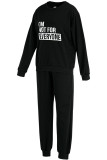 Black Fashion Casual Letter Print Basic O Neck Long Sleeve Two Pieces