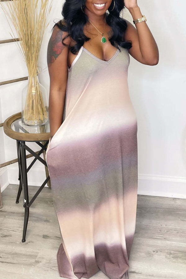 Grey Casual Gradual Change Striped Print Patchwork Spaghetti Strap Sling Dress Dresses